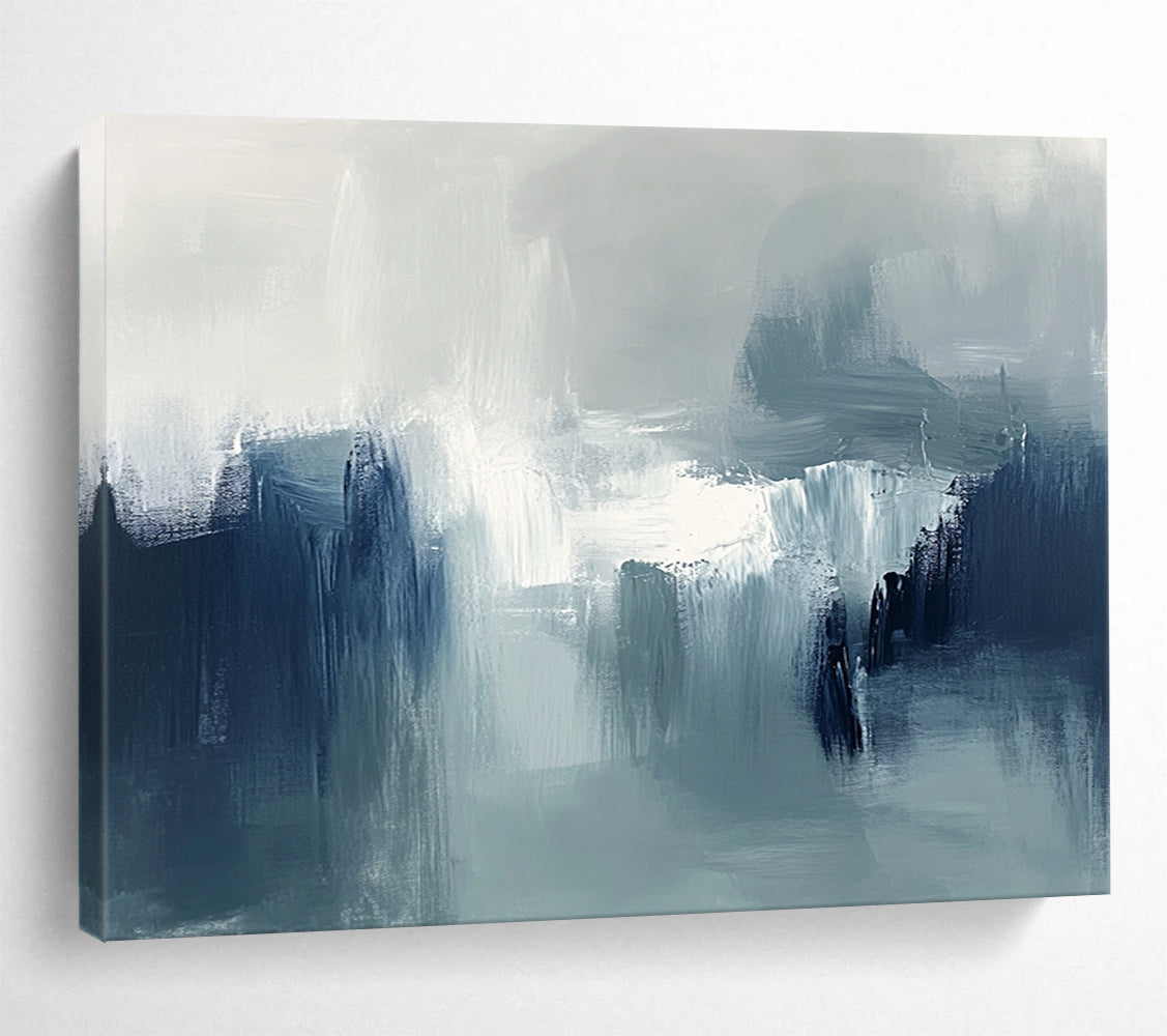“Muted Tonal Abstract Landscape” - Shades of gray, blue, white; Abstract landscape with soft brushstrokes; Oil Painting On Canvas HB1237