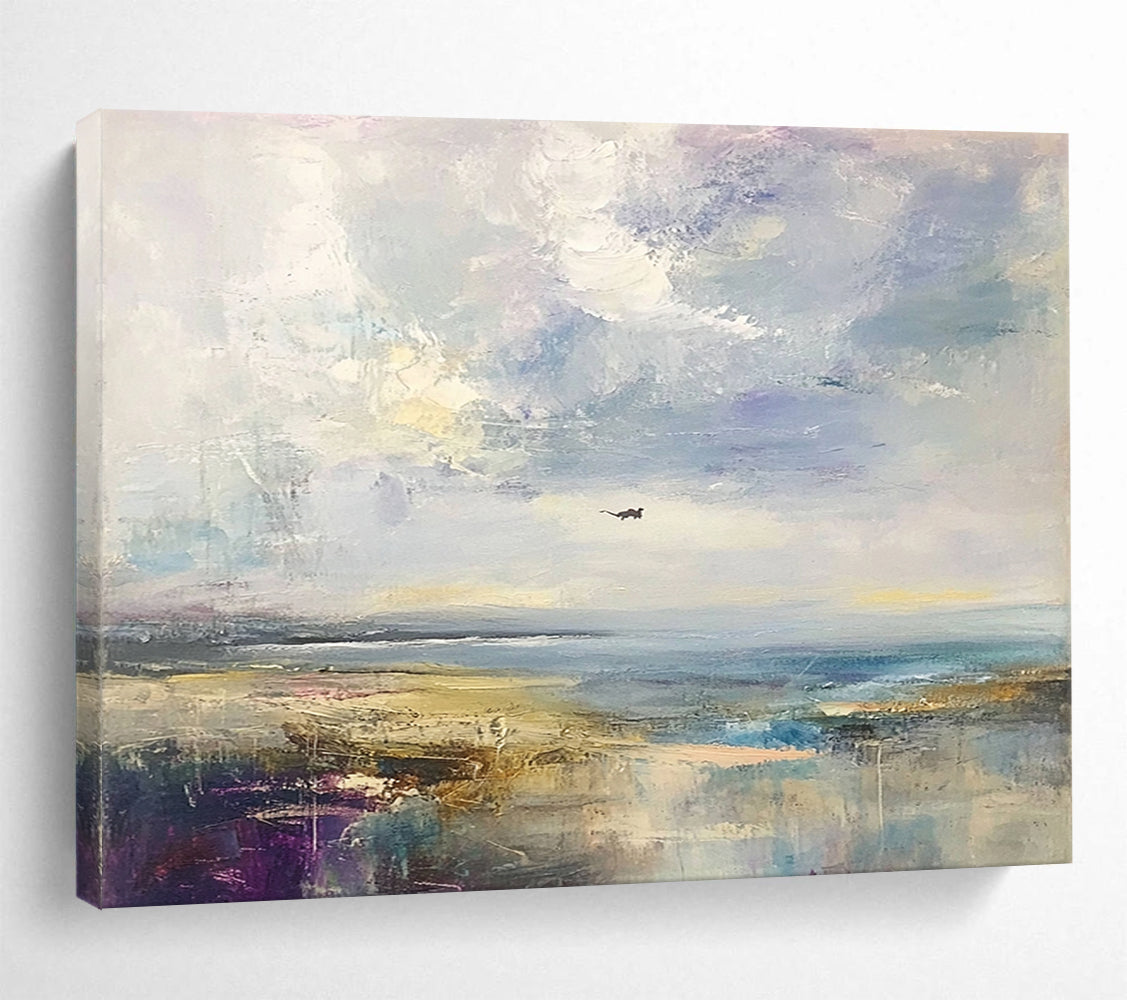 “Impressionist Seaside” - Purple, blue, beige, Impressionist Landscape Painting HB0644