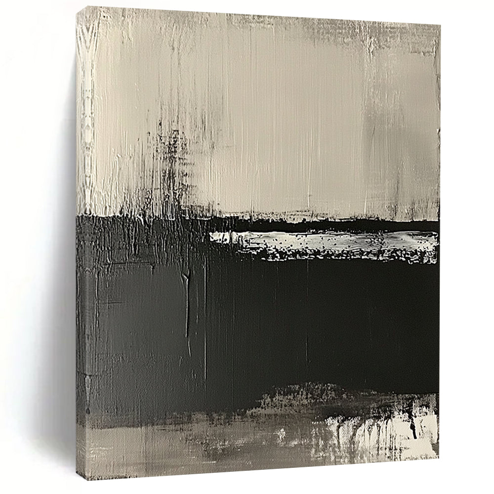 Contemporary hand-painted abstract artwork on textured canvas featuring neutral tones and a striking black-and-white horizon landscape. DLZ0679