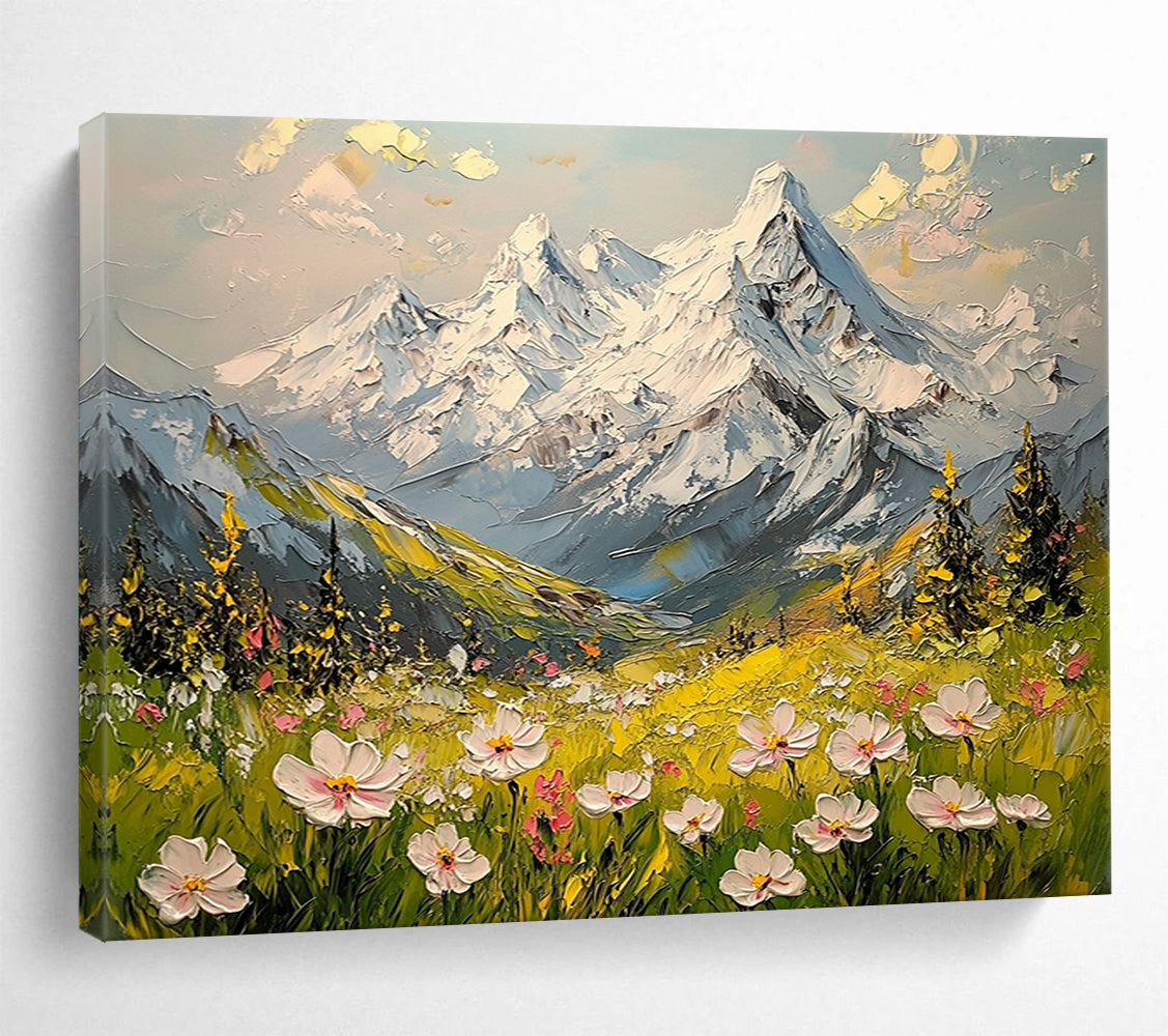 “Snowy Peaks & Flower Fields” - Whites, Greens, Yellows, Snow - capped Mountains & Wildflowers - Impasto Oil Painting HB1596
