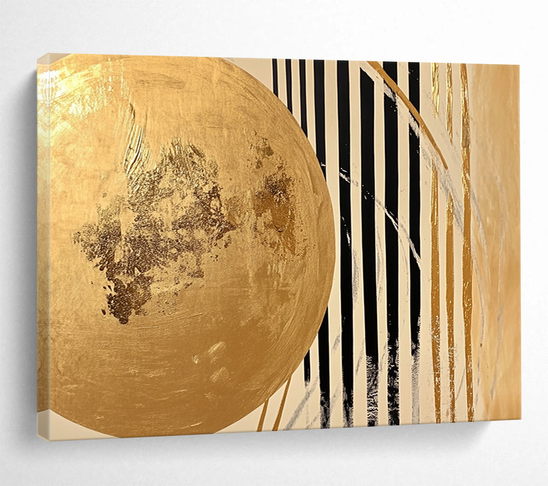 “Gold - Black Striped Abstract” - A gold circle with black and white stripes, Abstract Geometric Painting On Canvas HB0555
