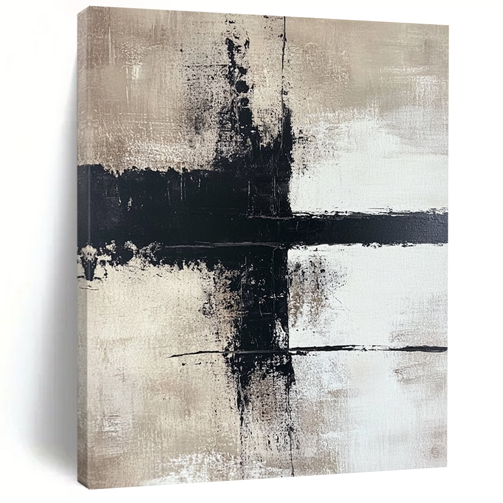 Large contemporary hand-painted abstract art featuring bold brushstrokes on a beige background with high contrast and a minimalist style creating strong visual impact. DLZ0507