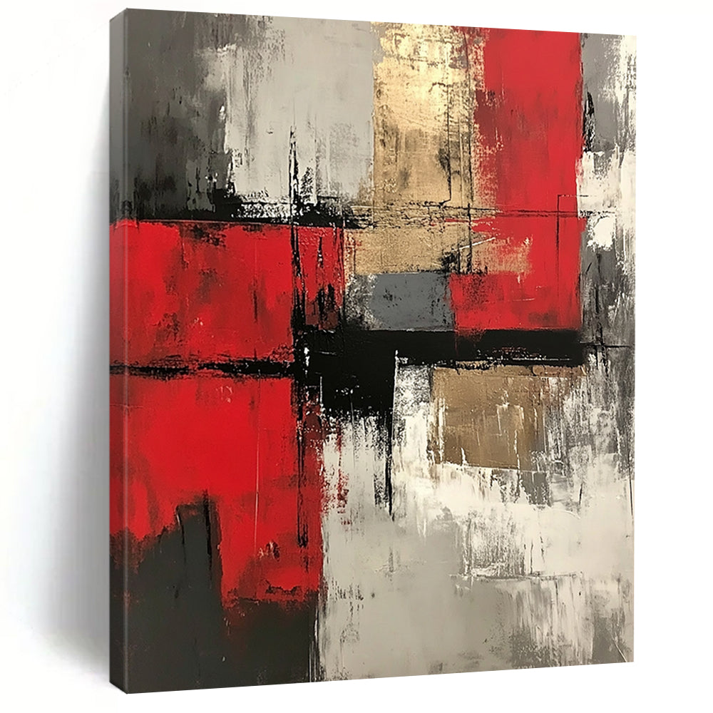 Red, Gray, Gold, Dynamic Blocks "Gilded Chaos" Abstract Expressionist Painting On Canvas HB143