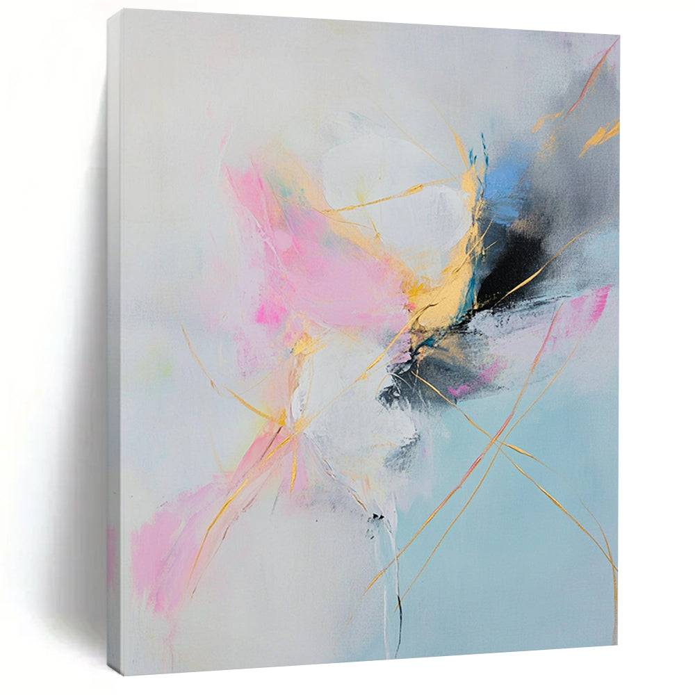 Large contemporary hand-painted abstract artwork featuring soft pastel colors and elegant golden lines in pink white blue yellow light gray and black. DLZ1061