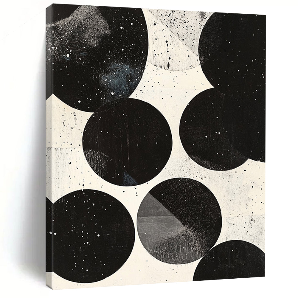 Black, White, Spotted Circles "Cosmic Sphere Dots" Abstract Minimalist Painting On Canvas HB179