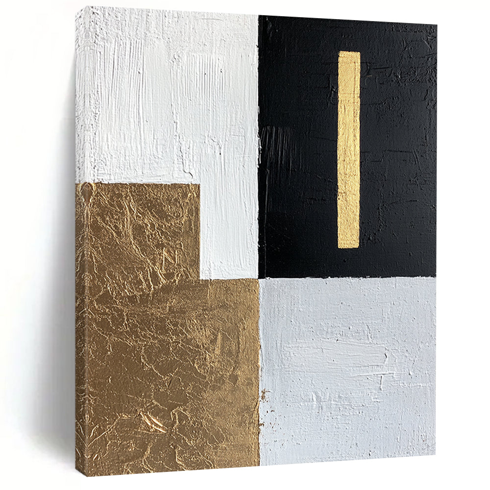 White, Black, Gold, Light Gray with Geometric Blocks "Elegant Division" Abstract Painting On Canvas HB011