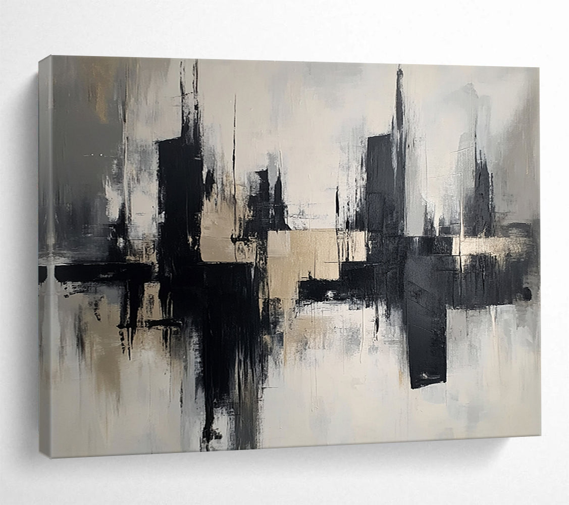 “Monochrome Cityscape Reflection” - Black, Gray, Beige, Abstract Urban Reflections - Abstract Acrylic Painting HB1672