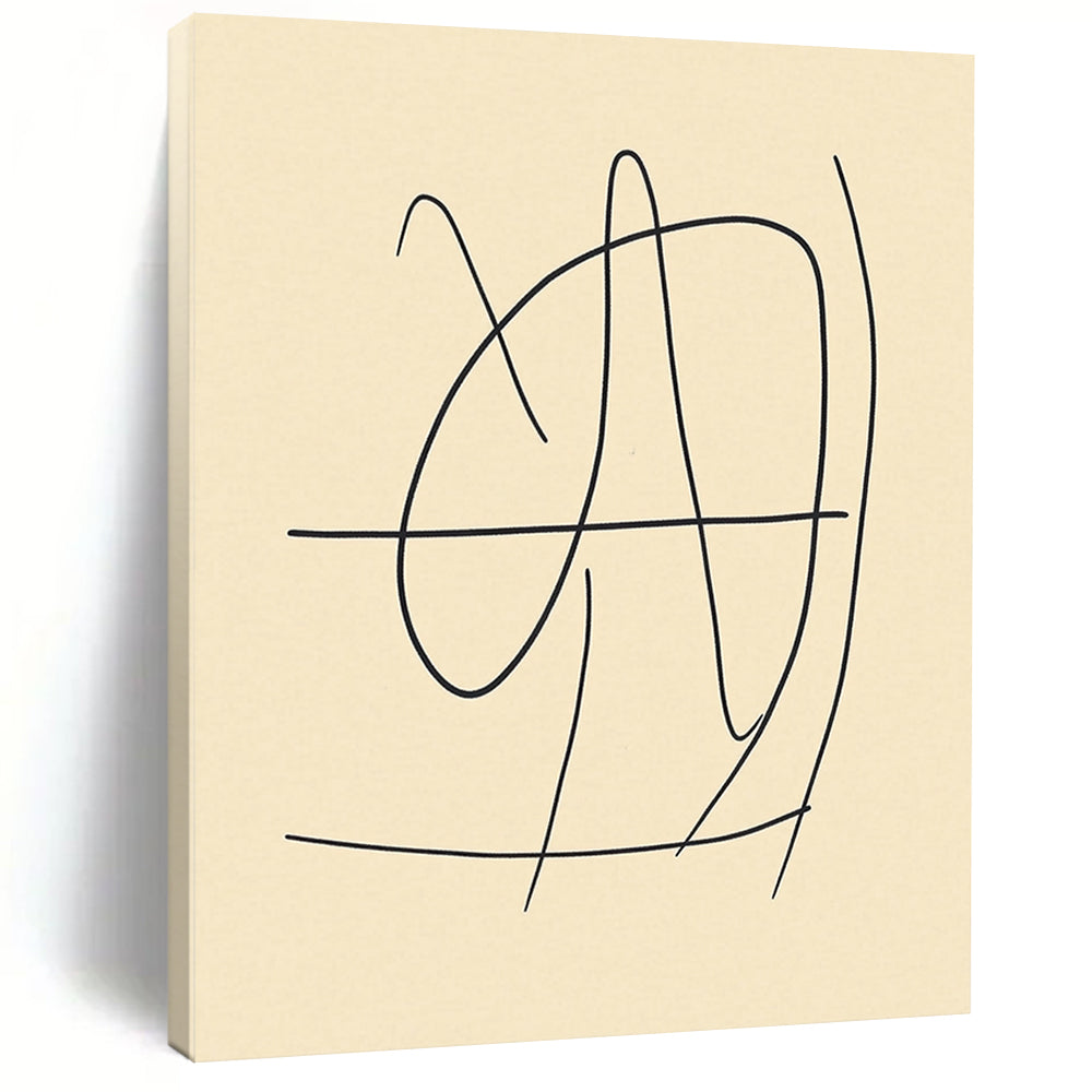 Contemporary abstract art featuring a minimalistic line drawing of the number 4 in black on beige, inspired by Matisse's style. DLZ0422