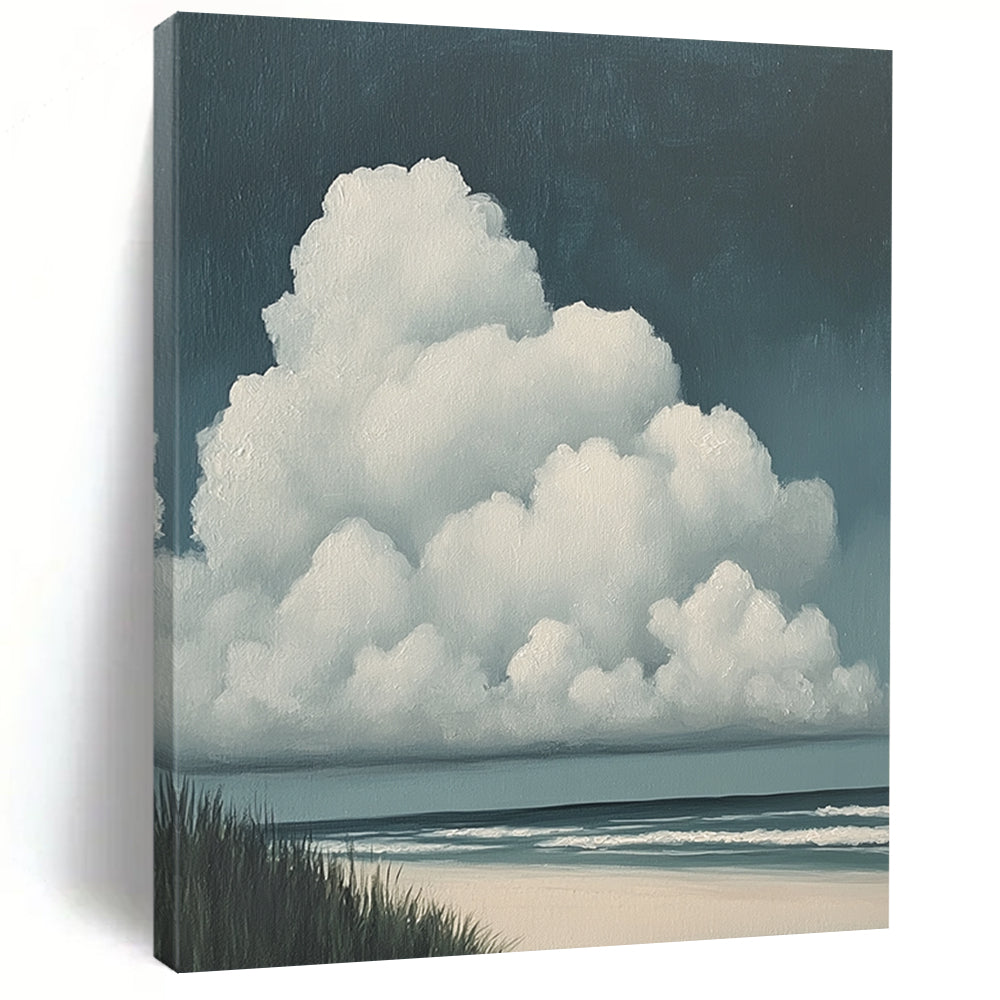Contemporary hand-painted abstract art featuring clouds on the beach with large white clouds and a dark blue sky in muted colors. DLZ1679