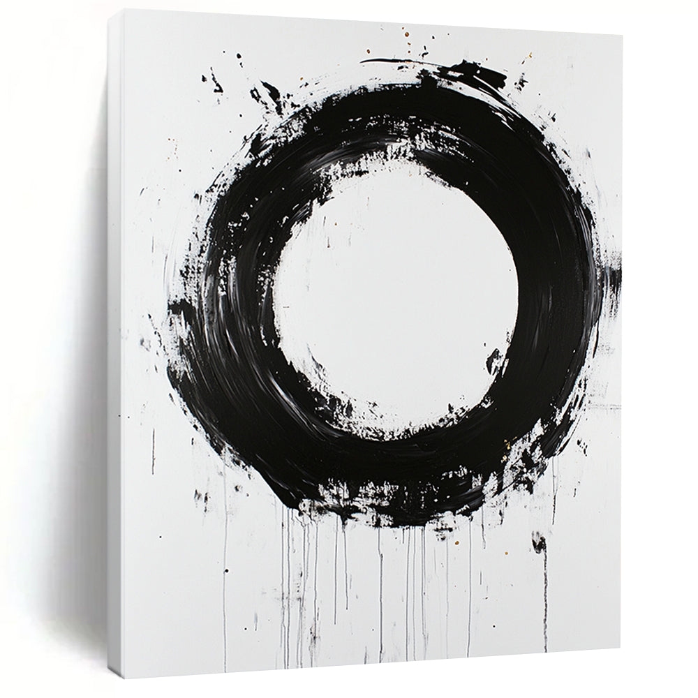White, Black and Gold Abstract Circle "Zen Enso" Painting On Canvas HB365