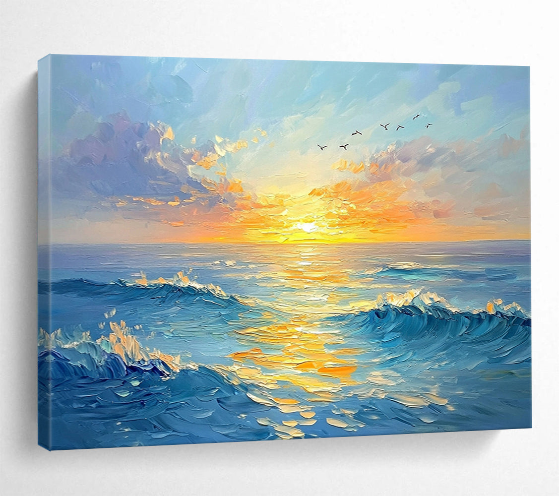 “Sunset Sea Symphony” - Blues, Oranges, Yellows, Seascape with Sunset and Birds - Impasto Oil Painting HB1756