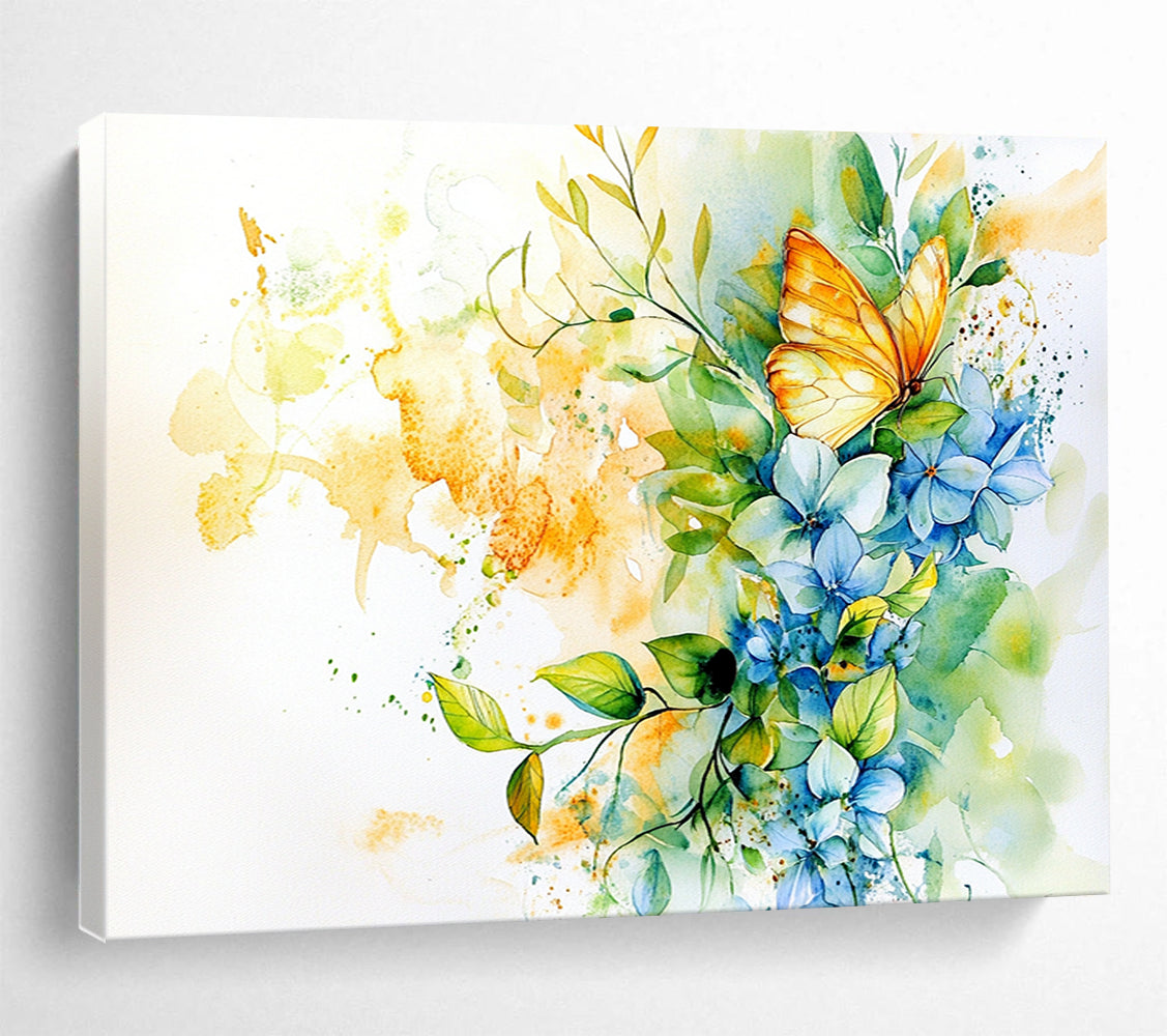 “Vibrant Butterfly & Blooms” - Blue, Yellow, Butterfly, Flowers Painting On Canvas HB0761
