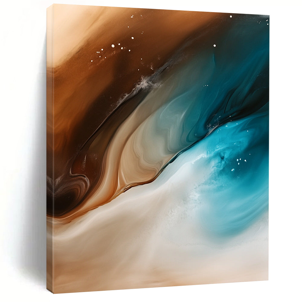 Contemporary abstract artwork features fluid shapes of sand and ocean waves in brown white teal and blue with smooth brushstrokes and a gradient background. DLZ0993