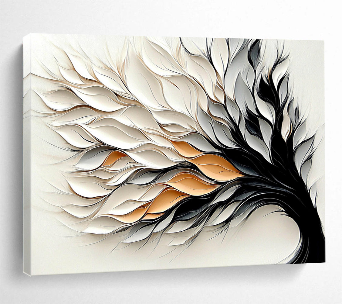 “Textured Tree” - White, Gray, Black, Gold with Layered Leaves - 3D Abstract Sculpture HB1345