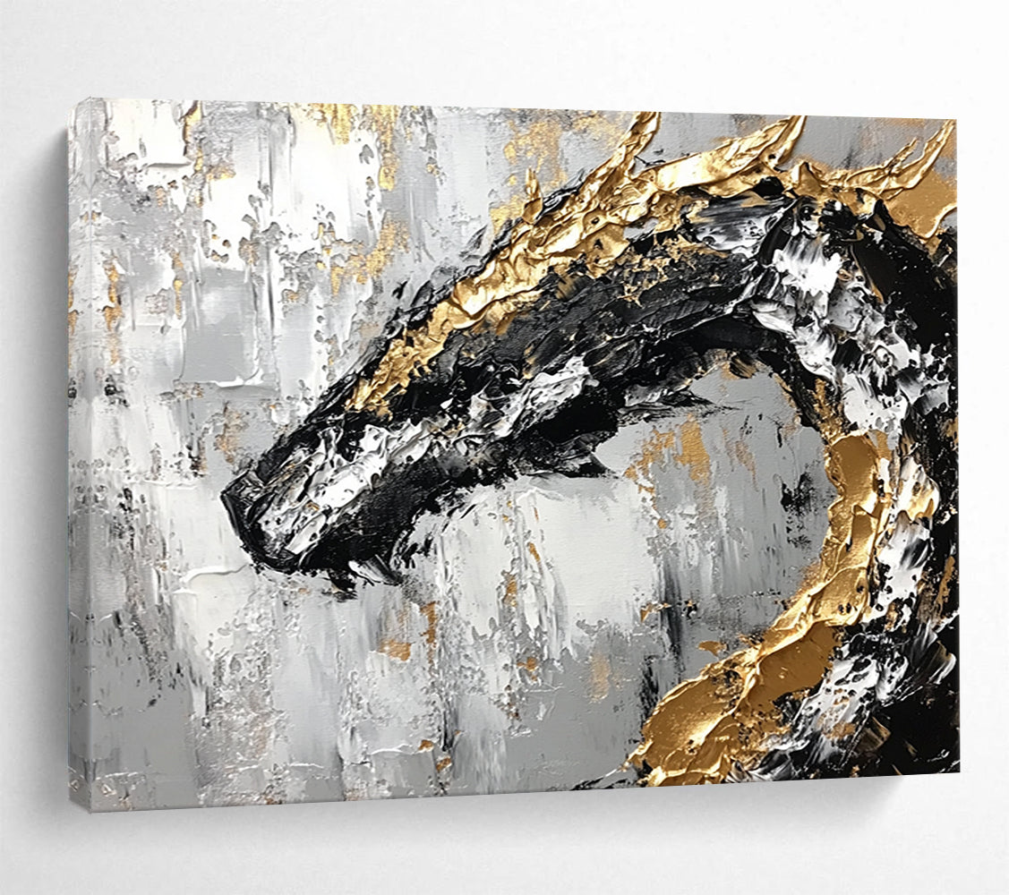“Golden Dragon on Textured Gray” - Gray, Gold, Black, White, Abstract Textured Dragon Painting On Canvas HB1093