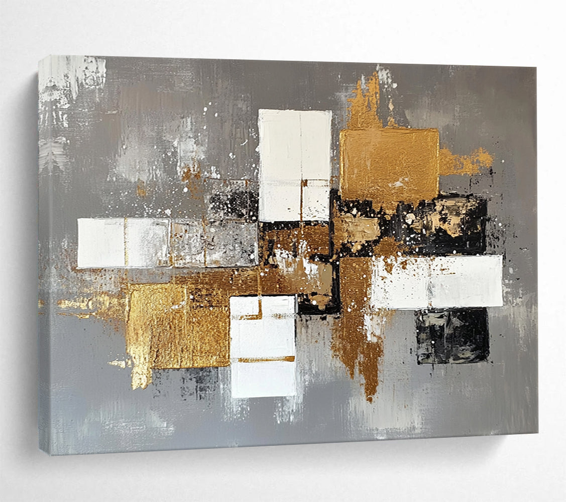 “Gilded Geometric Abstract” - Gray, White, Black, Gold - Textured Geometric Abstract with Gold - Acrylic Painting HB1323