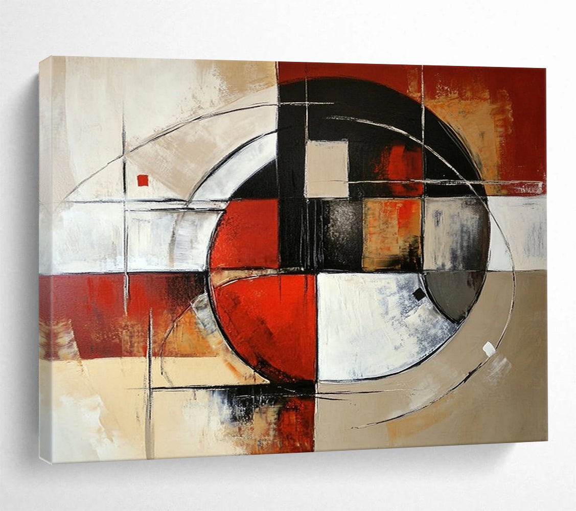 “Circular Geometric Abstract” - Red, black, white, beige, gray; Circular and linear geometric abstract; Acrylic Painting On Canvas HB1242