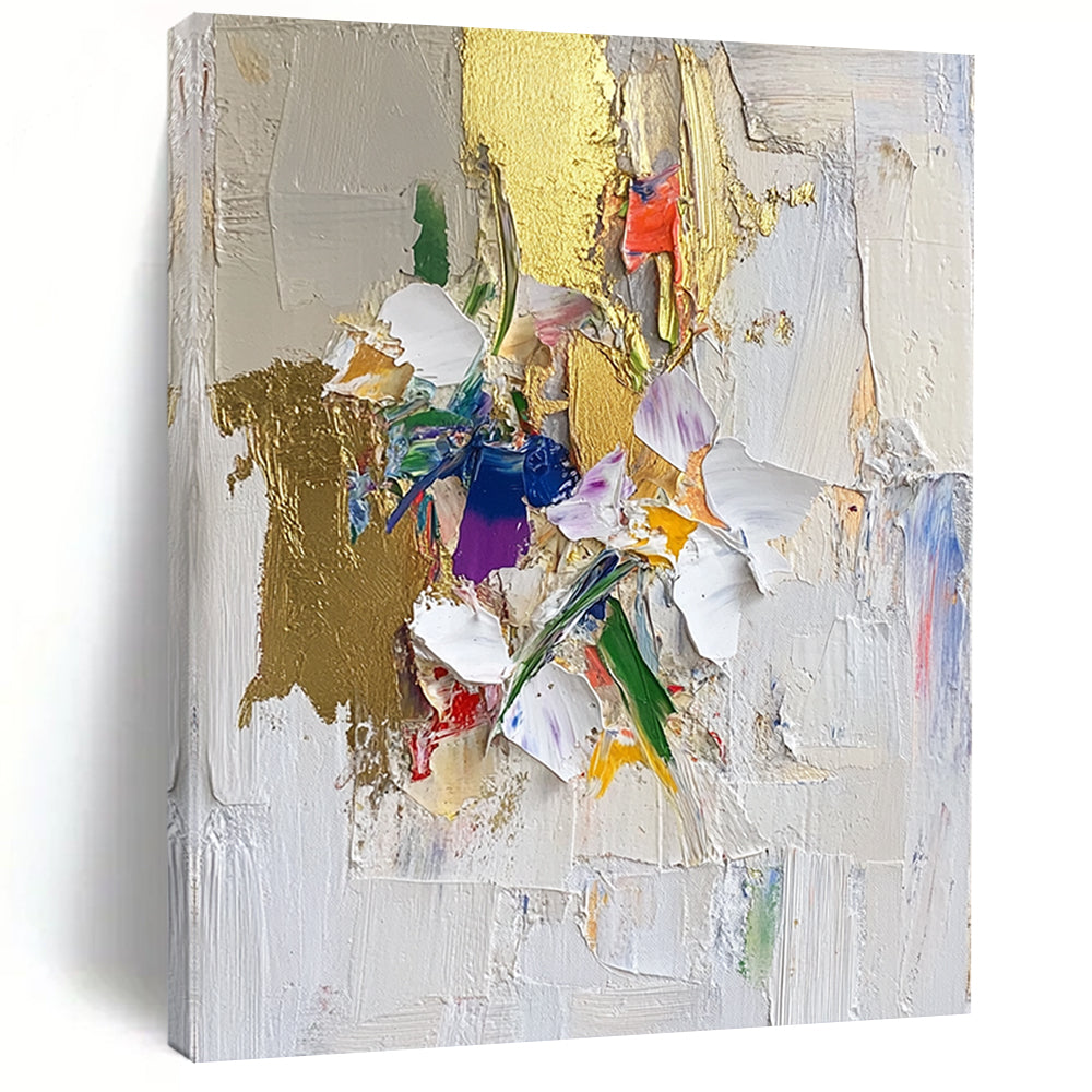 Contemporary abstract art featuring textured brushstrokes gold leaf accents floral motifs on a white backdrop with a collage-style composition. DLZ0635
