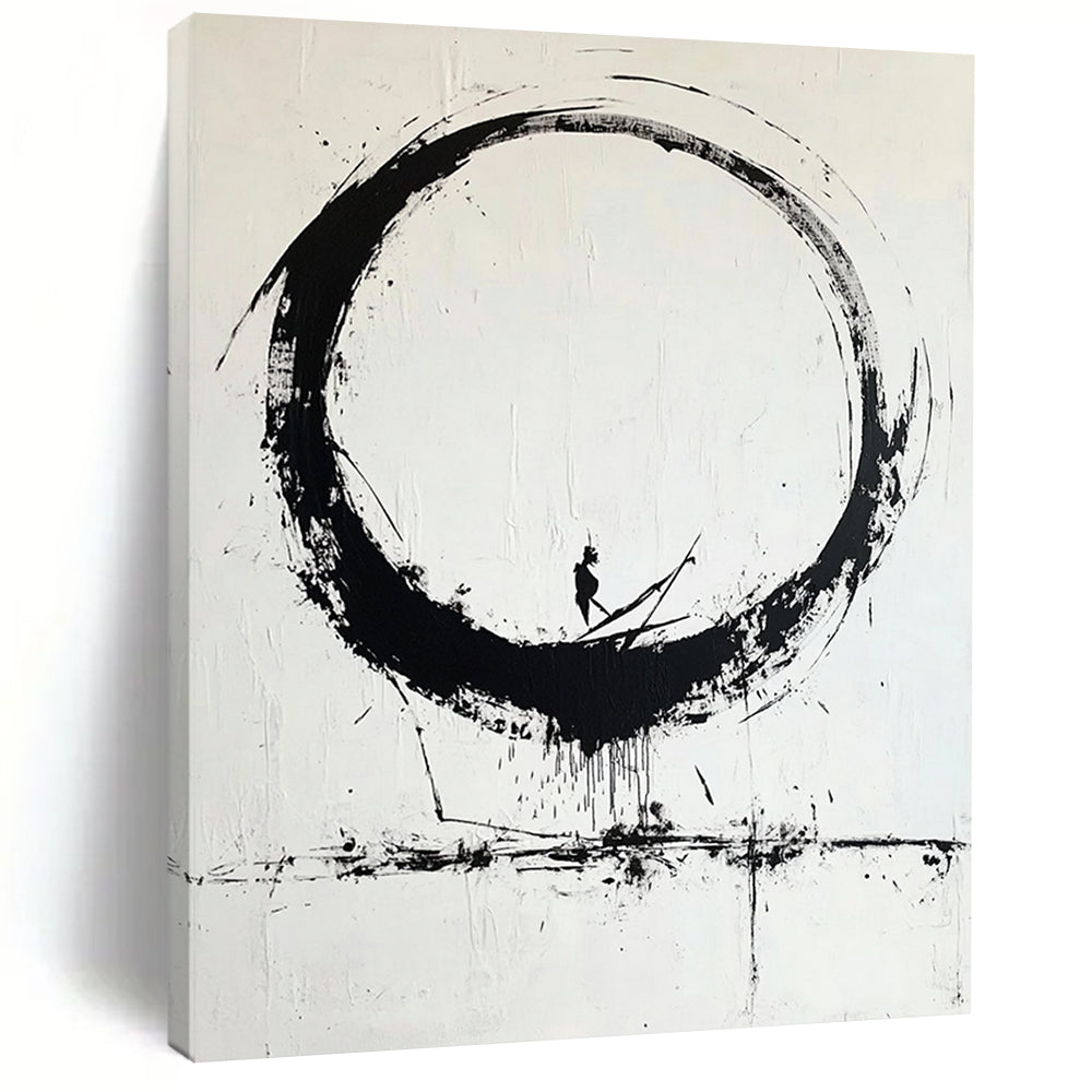 Black Circular Brushstroke with Figure - “Enso Journey” Painting On Canvas HB244
