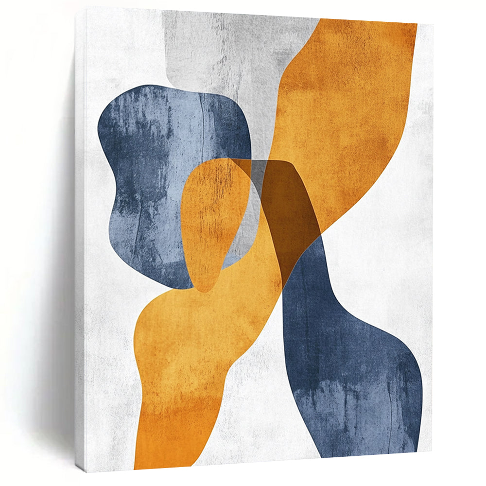 Contemporary hand-painted abstract art featuring organic shapes in mustard yellow and bluish-grey with touches of burnt orange on textured paper. DLZ0501