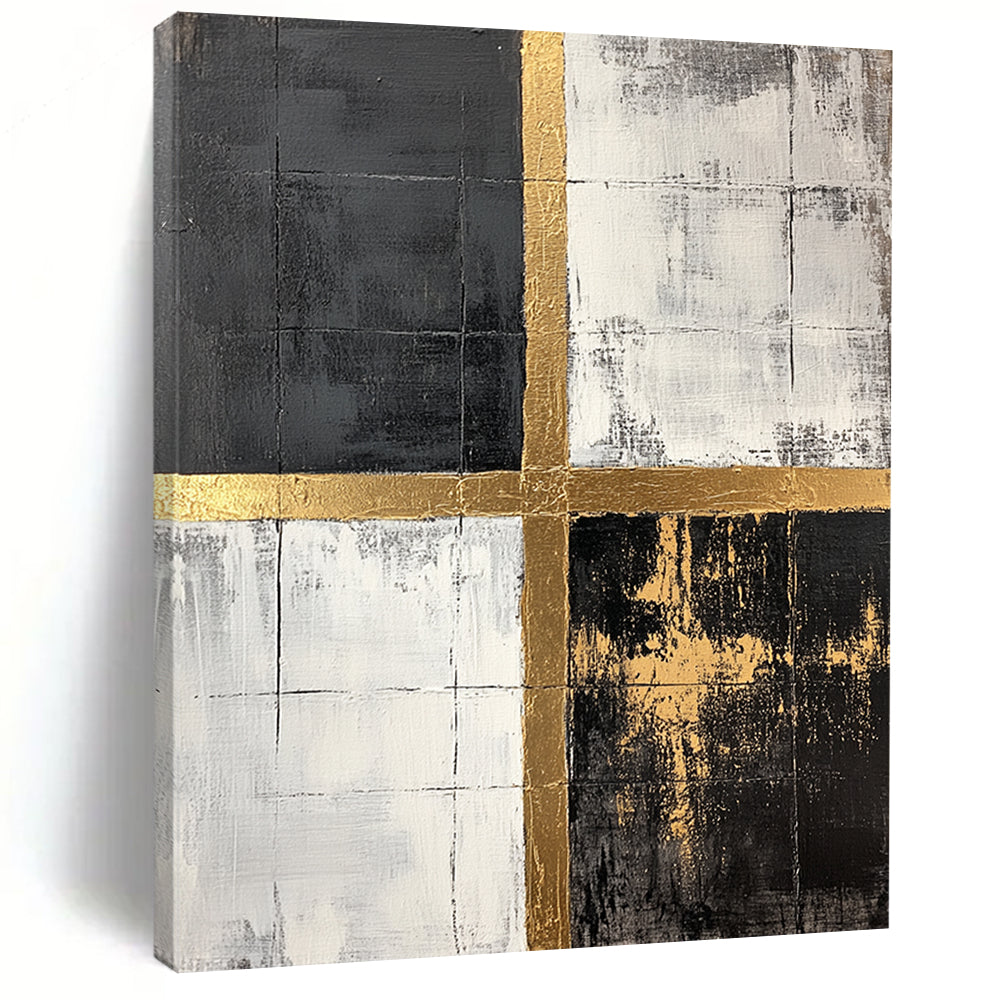 Black, White, Gold, Grid - Crossed Squares "Gilded Grid Intersection" Abstract Geometric Painting On Canvas HB161