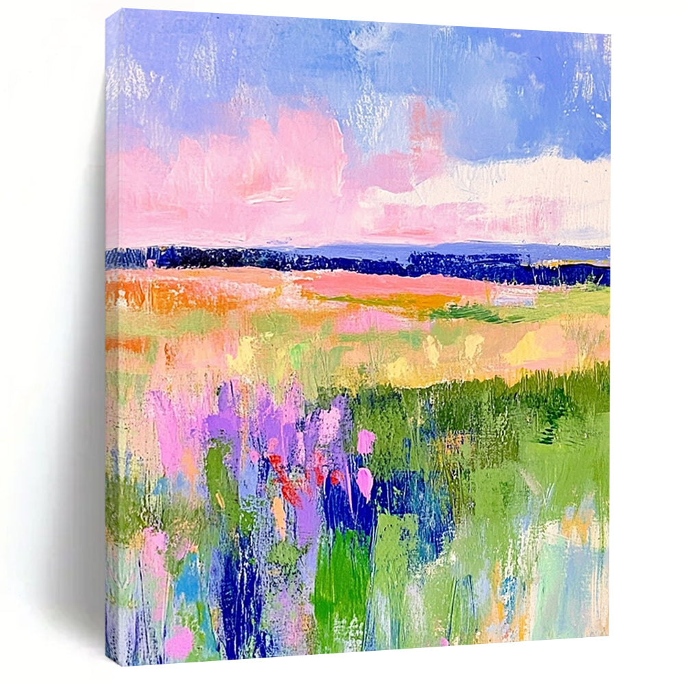 Vibrant contemporary hand-painted abstract artwork featuring pastel fields of green and pink with dreamy skies in blue and purple tones. DLZ1284