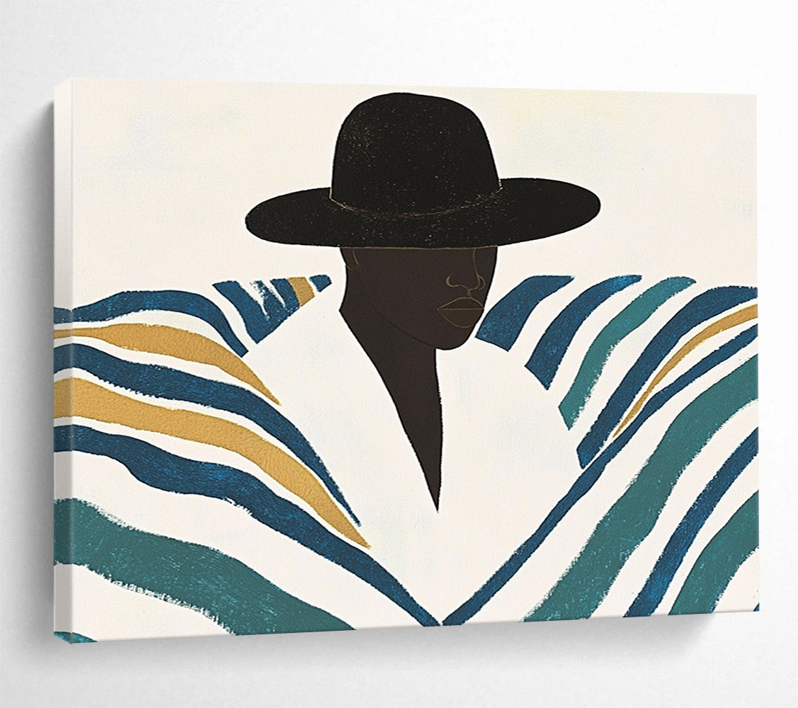 “Stylish Striped Silhouette” - Blacks, Whites, Blues, Golds, Fashion Figure - Flat - Style Illustration HB1560