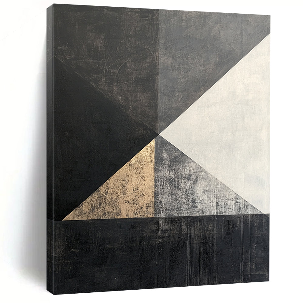 Black, White, Gray, Gold, Triangular Geometry "Gilded Triangle Tango" Abstract Cubist - Inspired Painting On Canvas HB122