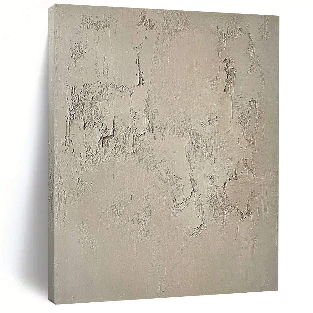 Contemporary hand-painted abstract artwork featuring a textured beige wall with intricate white patterns, capturing the beauty of weathered cement in muted tones. DLZ1115
