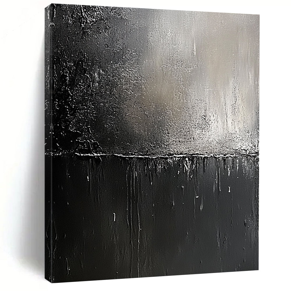 Contemporary abstract painting featuring black and gray metallic textures with visible brush strokes and a hint of light symbolizing hope and renewal. DLZ0319