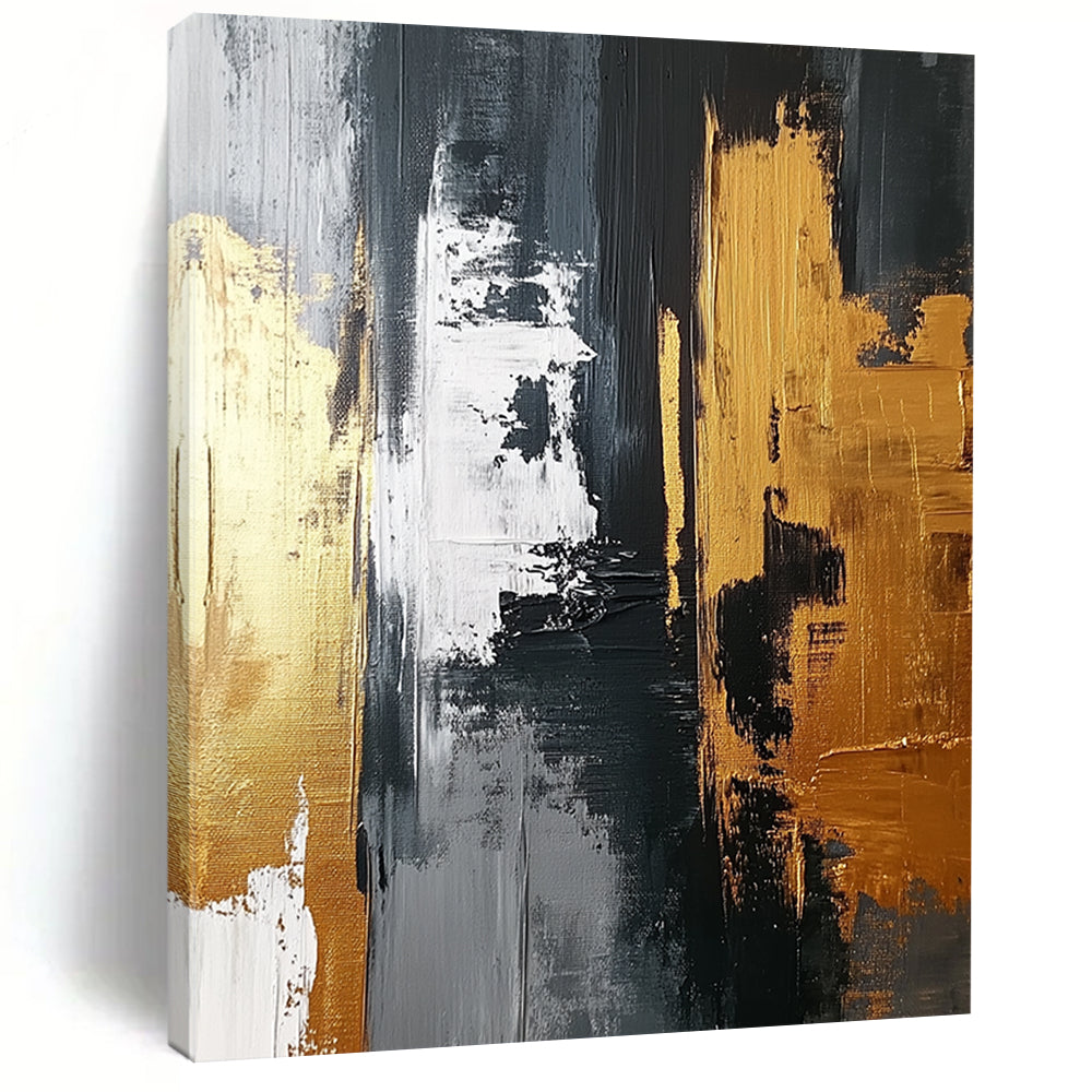 Abstract artwork featuring a gold and gray palette with bold brush strokes and white highlights on a dark gray background, emphasizing texture and dynamic design. DLZ0705