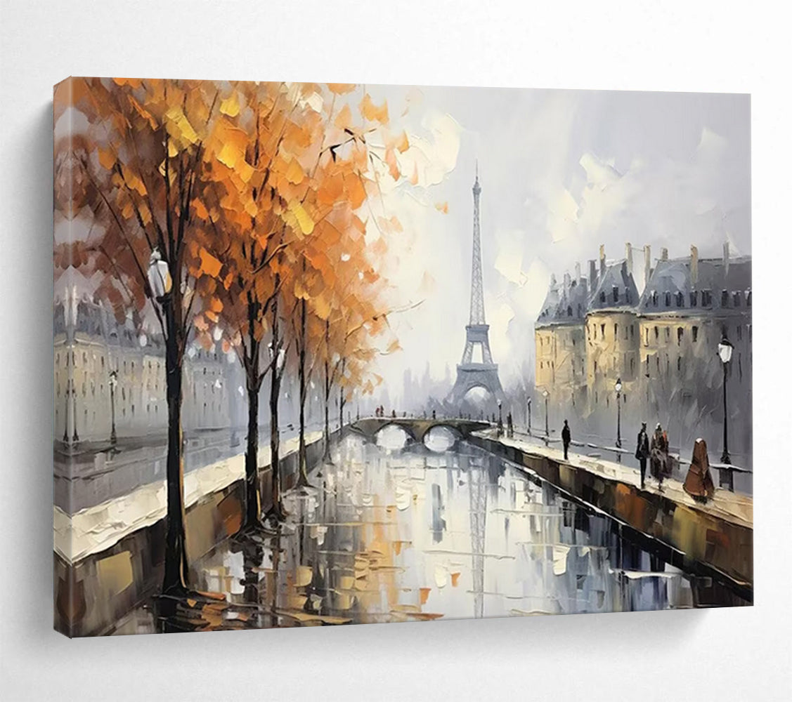 Paris Autumn Canal Oil Painting - Large Romantic Living Room Decor DLZ171