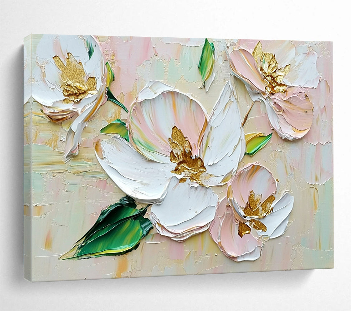 “Textured White - Pink Flowers with Gold Centers” - Impasto Floral Painting On Canvas HB0506