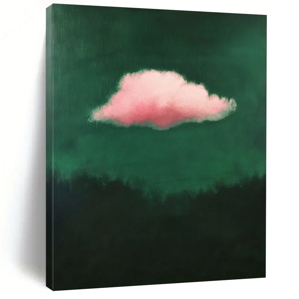 Contemporary minimalist art featuring a single pink cloud against a dark green background exuding low contrast elegance. DLZ1682