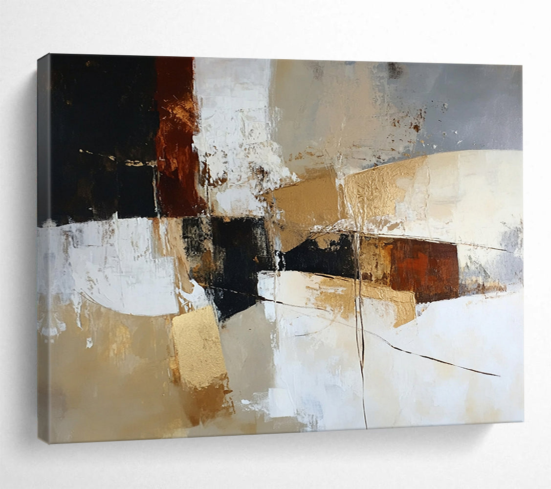 “Earthy Tone Abstract” - Black, Brown, Beige, Gold with Geometric Shapes - Painting On Canvas HB1391