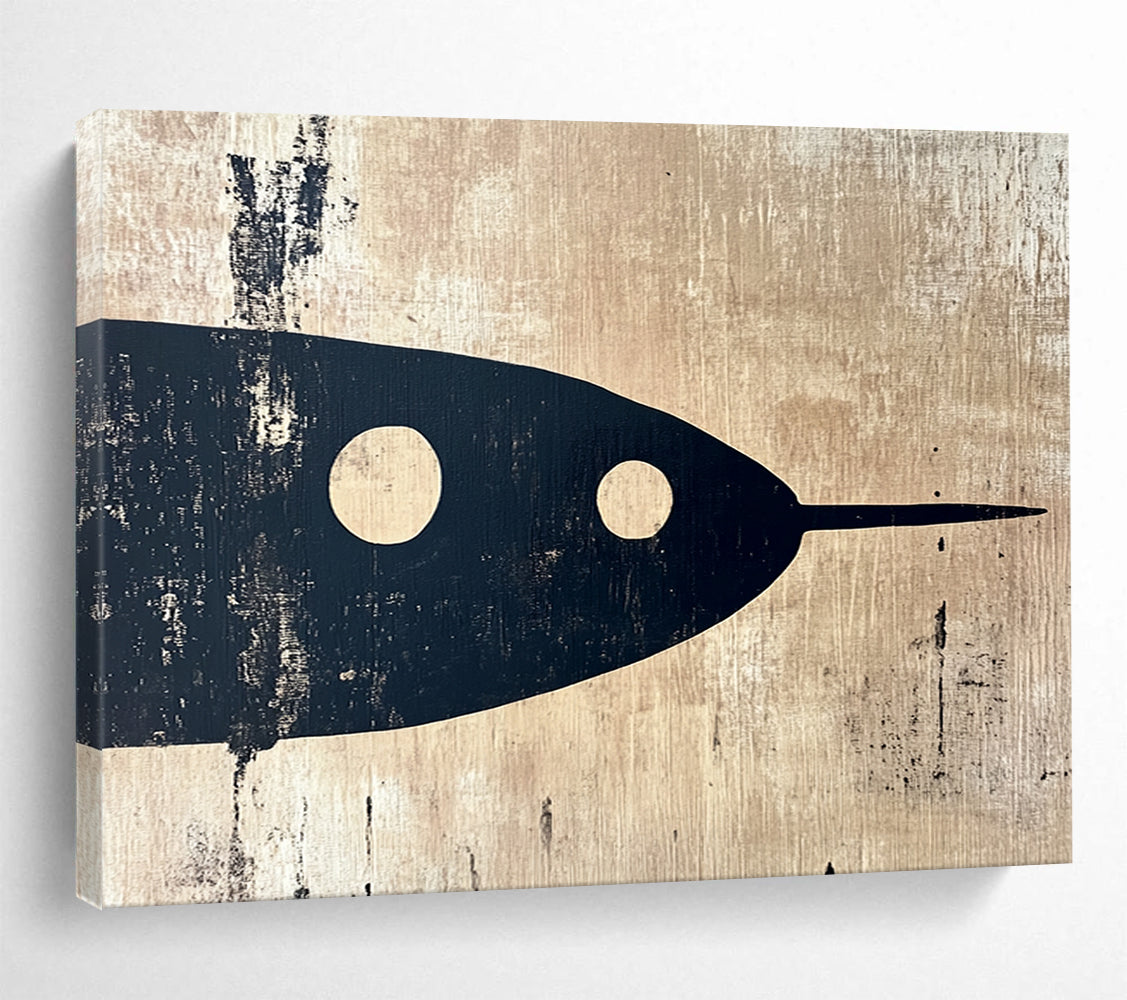 “Black Fish on Beige” - Black, beige, fish silhouette, Minimalist Mixed - Media Painting HB0616