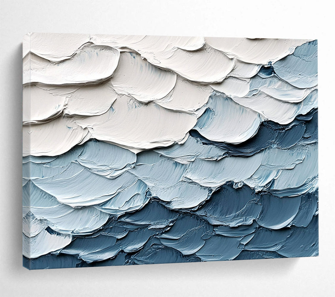 “Textured Wave Layers” - White, Blue, Gray - Impasto Ocean Waves - Acrylic Painting HB1335