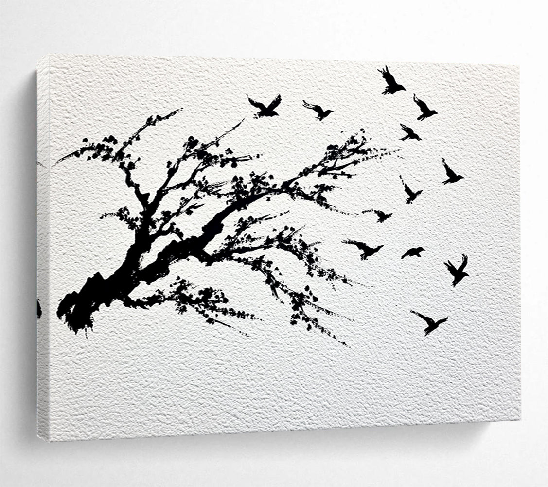 “Black - White Plum Blossom & Birds” - Black, White, Minimalist Nature Silhouettes - Ink Painting HB1631