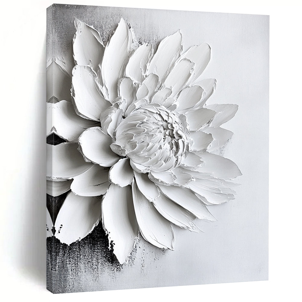 Contemporary abstract art featuring a textured white chrysanthemum painting on canvas, creating a striking monochrome aesthetic for modern interiors. DLZ0831