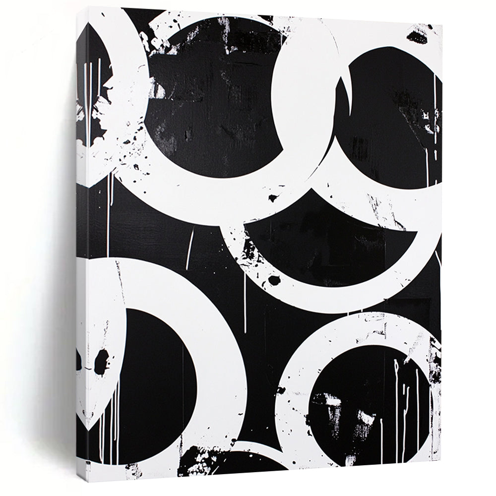 Black, White, Overlapping Circles "Graphic Circle Overlaps" Abstract Pop - Art Inspired Painting On Canvas HB173
