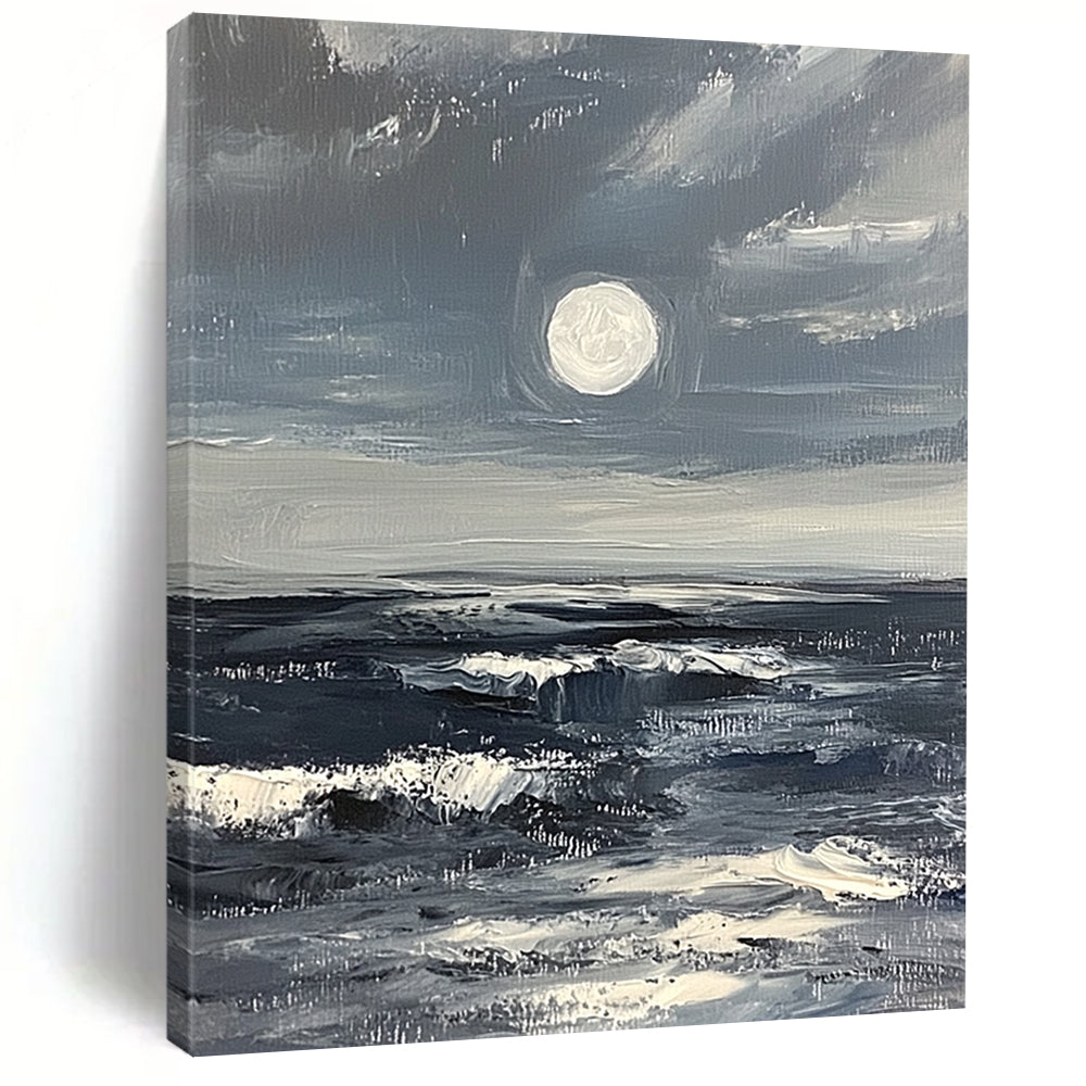 Large contemporary abstract artwork featuring a minimalist moonrise over a stormy ocean in gray and white with thick impasto brush strokes. DLZ1110