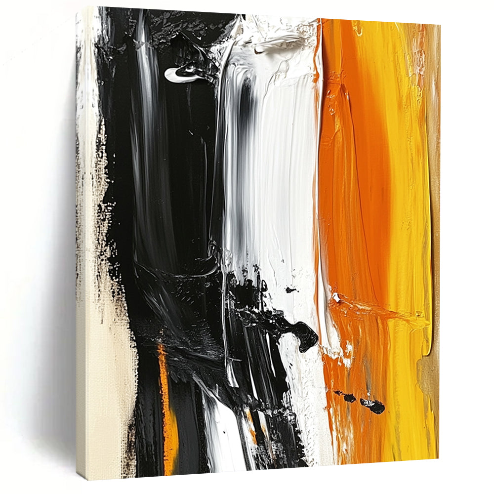 Large contemporary hand-painted abstract artwork featuring striking black white and orange with accents of light yellow on a beige background. DLZ0526