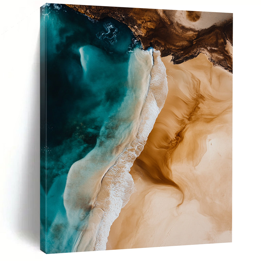 Contemporary hand-painted abstract art featuring ocean waves and sandy beaches in light brown and blue hues, capturing natural beauty and serene tones. DLZ1484