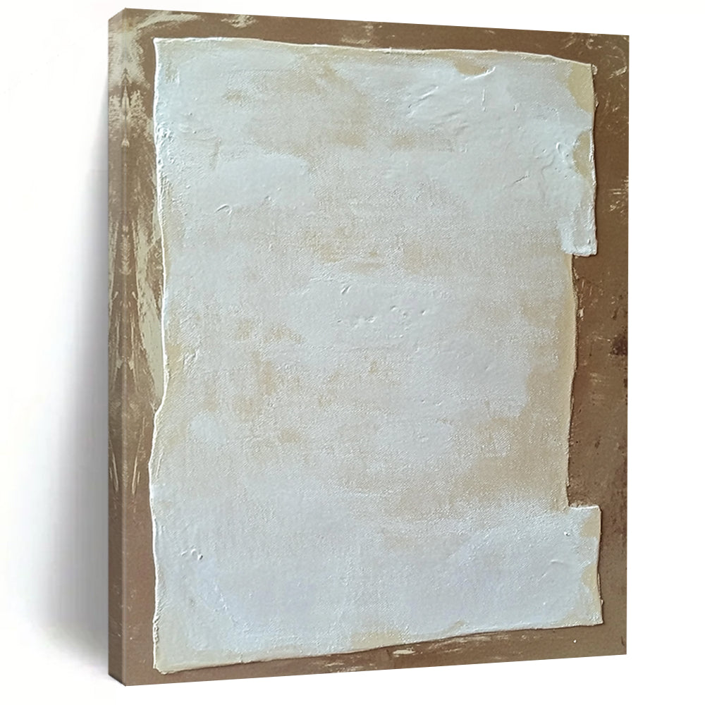 Contemporary abstract painting featuring white rectangular foam against a brown background inspired by Zdzisław Beksiński and Agnes Martin. DLZ1748