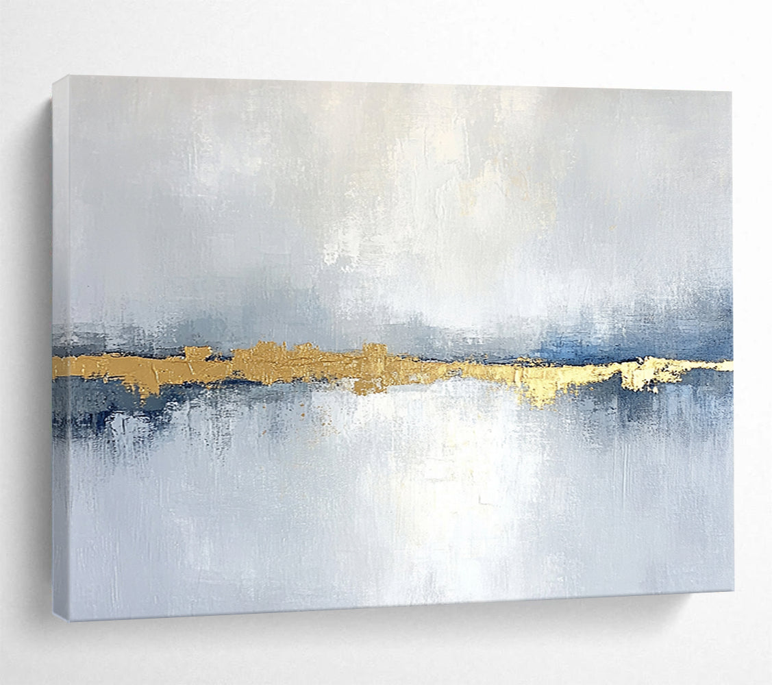 “Blue - Gray Goldline” - Blue, Gray, Gold, Abstract Minimalist Landscape Painting On Canvas HB1088