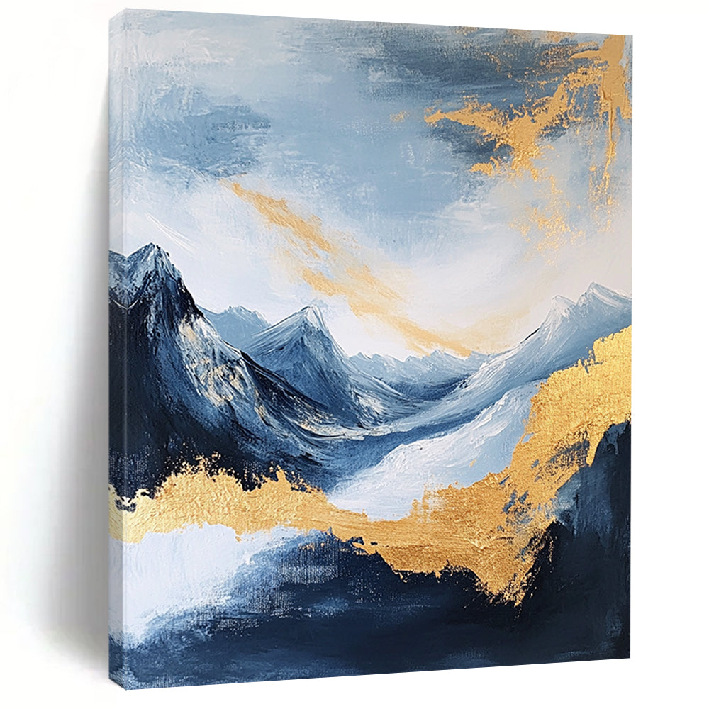 Large contemporary abstract painting featuring exquisite details of mountains clouds and sea in deep gold indigo and yellow colors against a white background DLZ0338