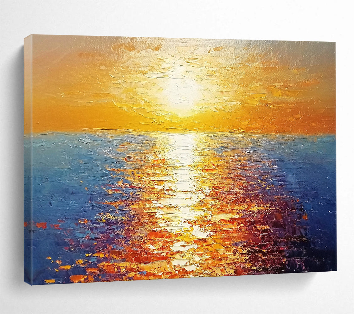 “Radiant Sunset Over Sea” - Orange, Yellow, Blue, Impressionist Seascape Painting On Canvas HB0693