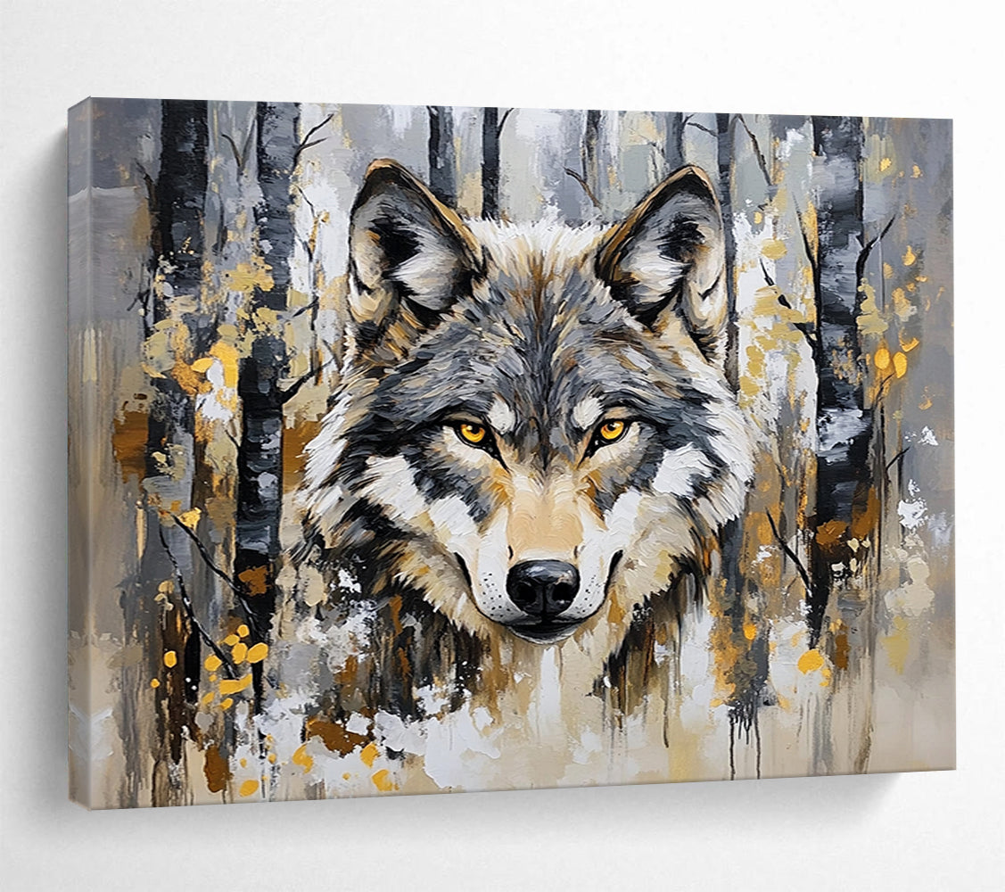 “Wolf in Forest” - Gray, brown, yellow, Realistic Animal Painting HB0636