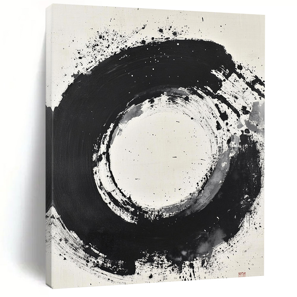Black and White Splattered Circle "Cosmic Enso" Painting On Canvas HB280