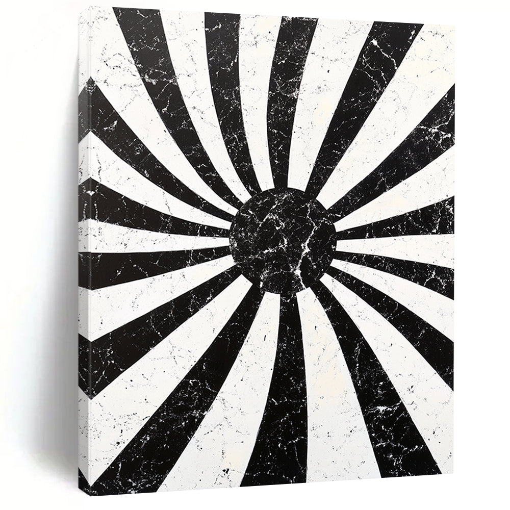 Black, White, Radial Stripes "Marbled Sunburst Radials" Abstract Geometric Painting On Canvas HB178